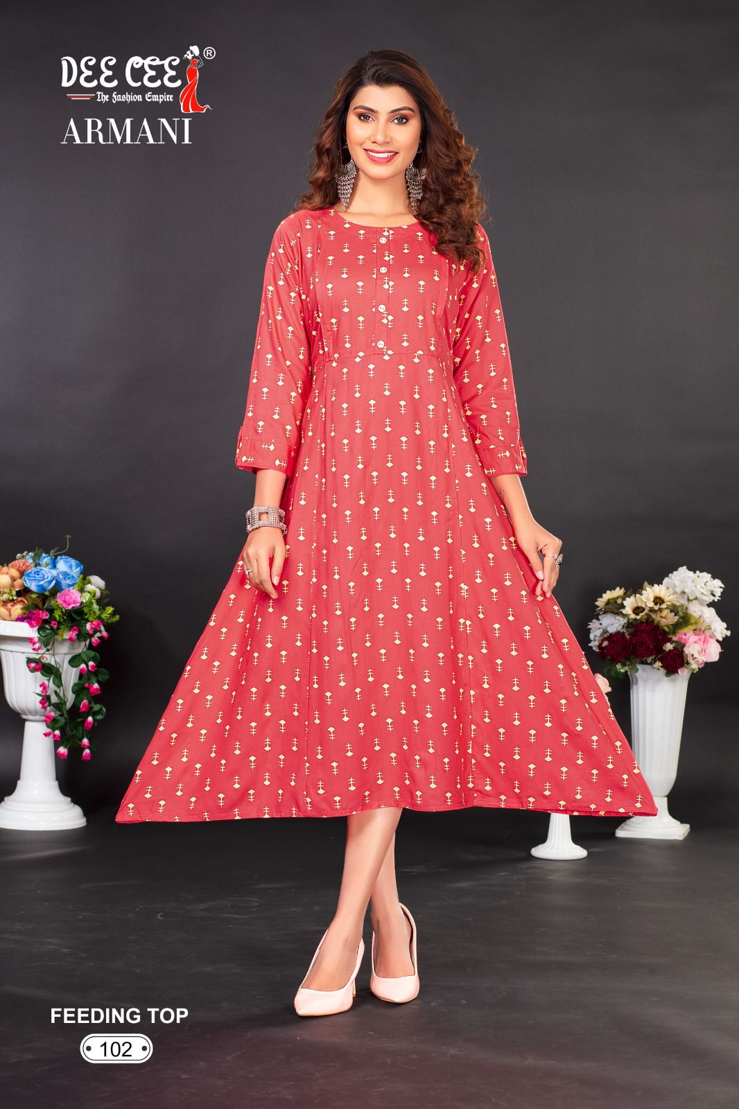 Armani By Dee Cee Flaired Rayon Printed Feeding Kurtis Wholesale Clothing Suppliers In India